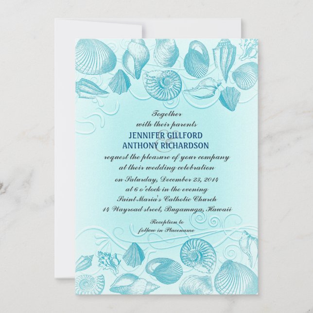 light blue seashells wedding invitations (Front)