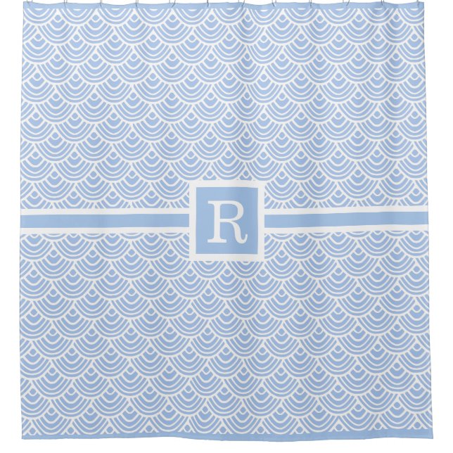 Light Blue Shells Art Deco Monogrammed Seashells Shower Curtain (Front)