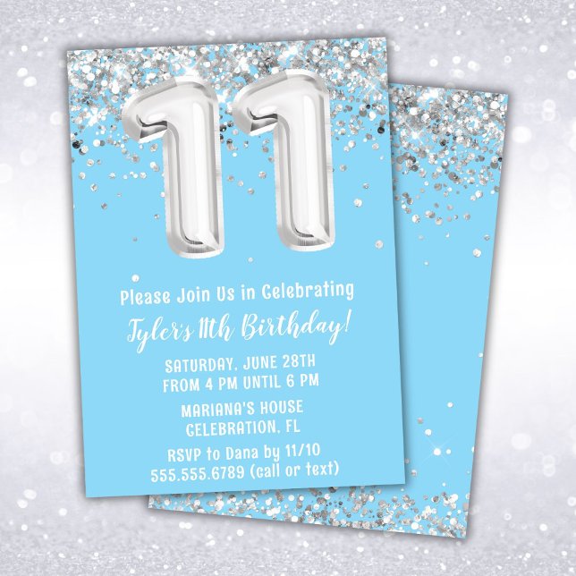 Light Blue Silver 11th Birthday Party Invitation (Creator Uploaded)
