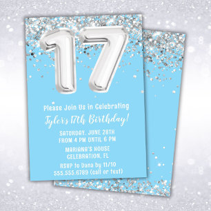 Light Blue Silver 17th Birthday Party Invitation