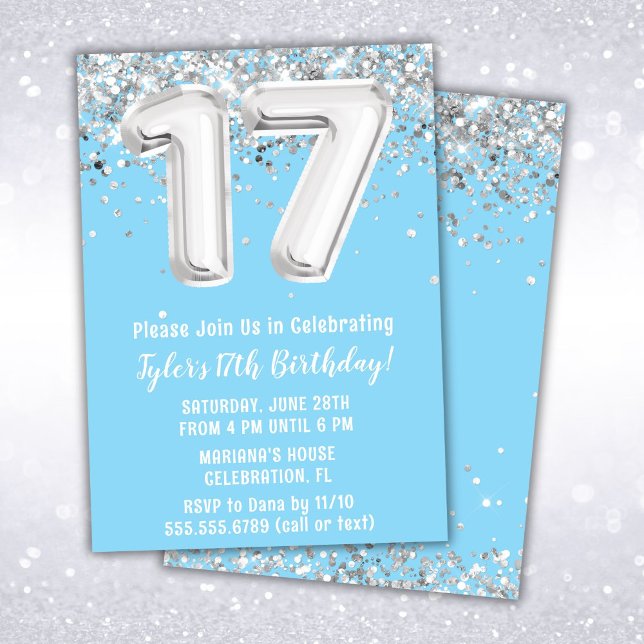 Light Blue Silver 17th Birthday Party Invitation (Creator Uploaded)