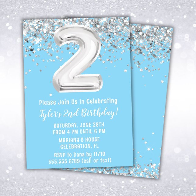 Light Blue Silver 2nd Birthday Party Invitation (Creator Uploaded)