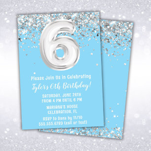 Light Blue Silver 6th Birthday Party Invitation