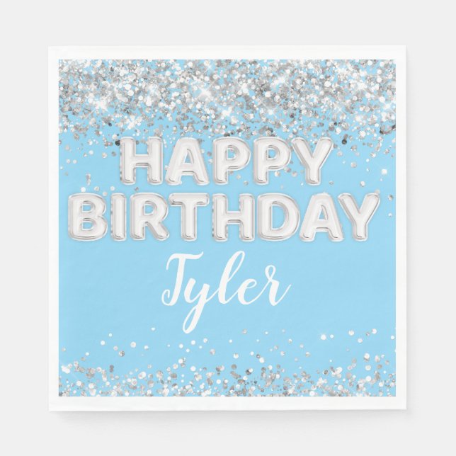 Light Blue Silver Birthday Party Napkins (Front)