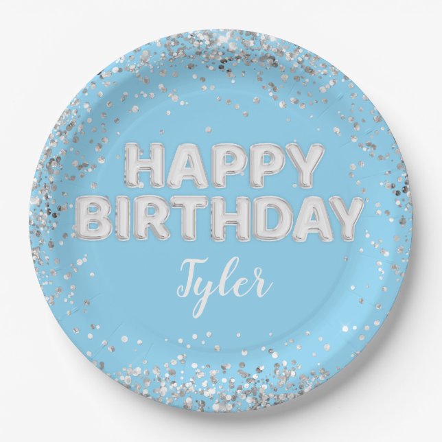 Light Blue Silver Birthday Party Paper Plates (Front)