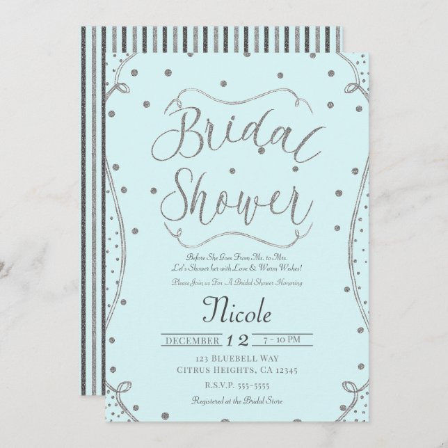Light Blue & Silver Bridal Shower Invitation (Front/Back)