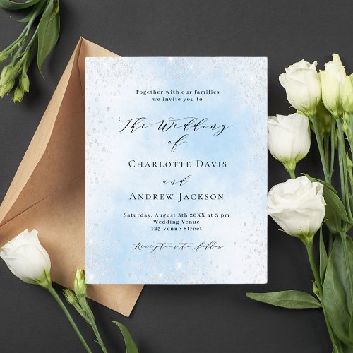 Light blue silver budget wedding invitation