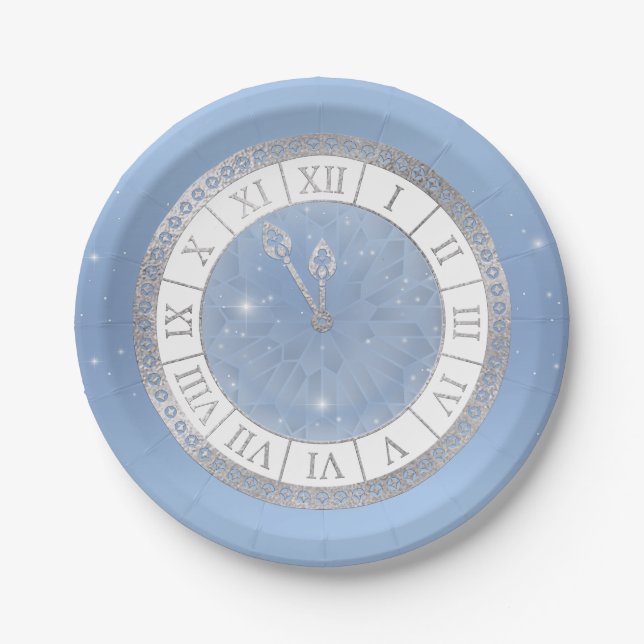 Light Blue Silver Cinderella Clock Princess Party Paper Plates (Front)