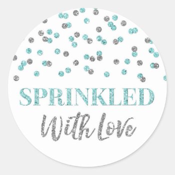 Light Blue Silver Confetti Sprinkled With Love Classic Round Sticker by DreamingMindCards at Zazzle