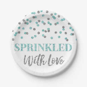 Light Blue Silver Confetti Sprinkled with Love Paper Plates