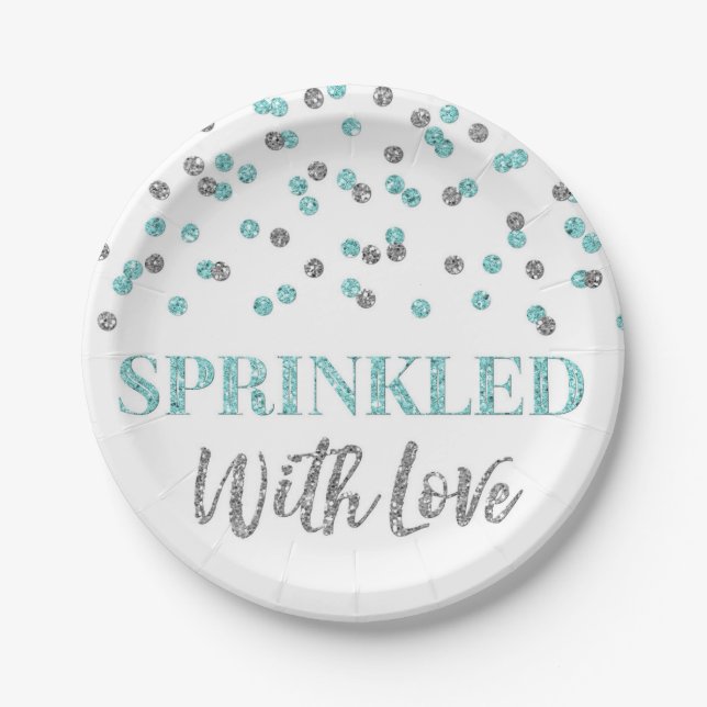 Light Blue Silver Confetti Sprinkled with Love Paper Plates (Front)
