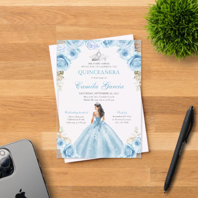Light Blue & Silver Floral Princess Quinceañera Acrylic Invitations (Insitu (Invitation Card))
