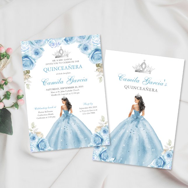 Light Blue & Silver Floral Princess Quinceañera Invitation (Creator Uploaded)