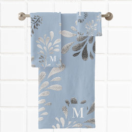 Light blue silver foliage botanical monogram bath towel set