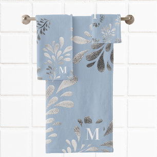 Light blue silver foliage botanical monogram bath towel set