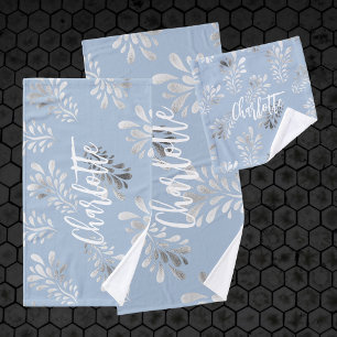 Light blue silver foliage botanical name script bath towel set