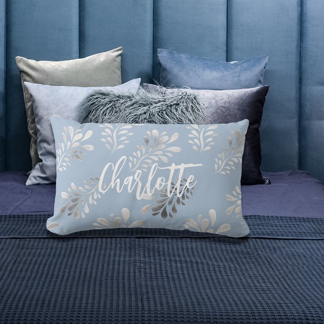 Light blue silver foliage botanical name script lumbar pillow (Creator Uploaded)