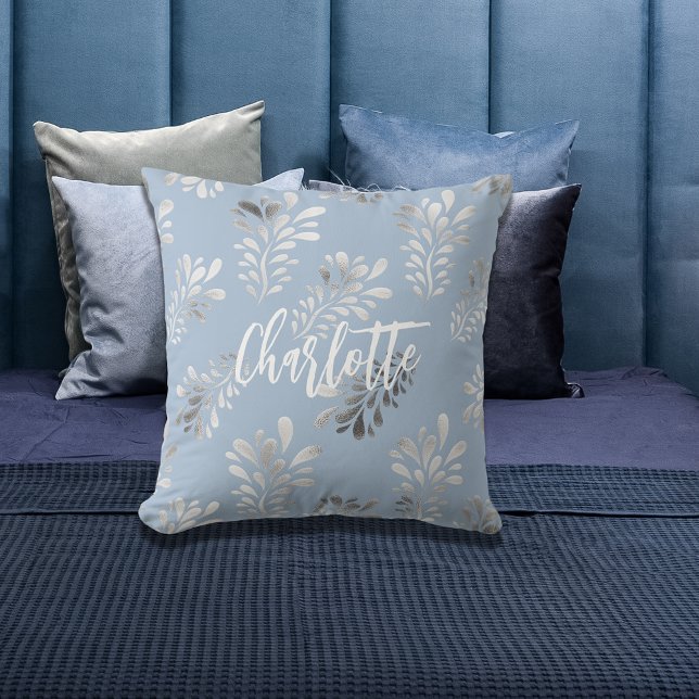 Light blue silver foliage botanical name script throw pillow (Creator Uploaded)