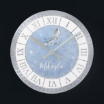 Light Blue Silver Glass Shoe Cinderella Princess Round Clock<br><div class="desc">Create your own Cinderella clock on a unique, beautiful DIY template with original art by Raphaela Wilson. The fairytale design depicts an elegant glass shoe / crystal slipper with a pretty, whimsical butterfly and fancy roman numerals for the numbers. Add a custom name, monogram, or initials, and this princess clock...</div>