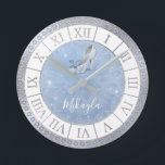 Light Blue Silver Glass Shoe Cinderella Princess Round Clock<br><div class="desc">Create your own Cinderella clock on a unique, beautiful DIY template with original art by Raphaela Wilson. The fairytale design depicts an elegant glass shoe / crystal slipper with a pretty, whimsical butterfly and fancy roman numerals for the numbers. Add a custom name, monogram, or initials, and this princess clock...</div>