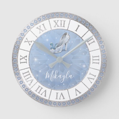 Light Blue Silver Glass Shoe Cinderella Princess Round Clock