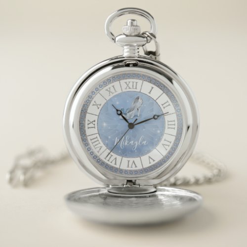 Light Blue Silver Glass Shoe Princess Cinderella Pocket Watch