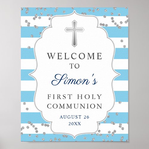 Light Blue Silver Glitter First Communion Welcome Poster