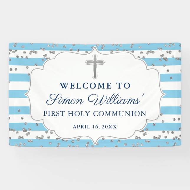 Light Blue Silver Glitter First Holy Communion Banner (Horizontal)