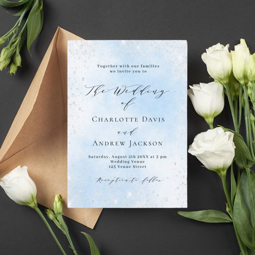 Light blue silver glitter luxury wedding invitation