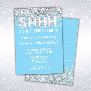 Light Blue Silver Glitter Surprise Birthday Party Invitation