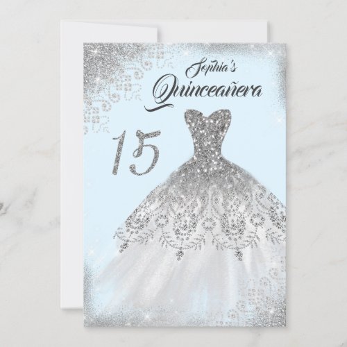 Light Blue Silver Lace Diamond Gown Quinceanera Invitation