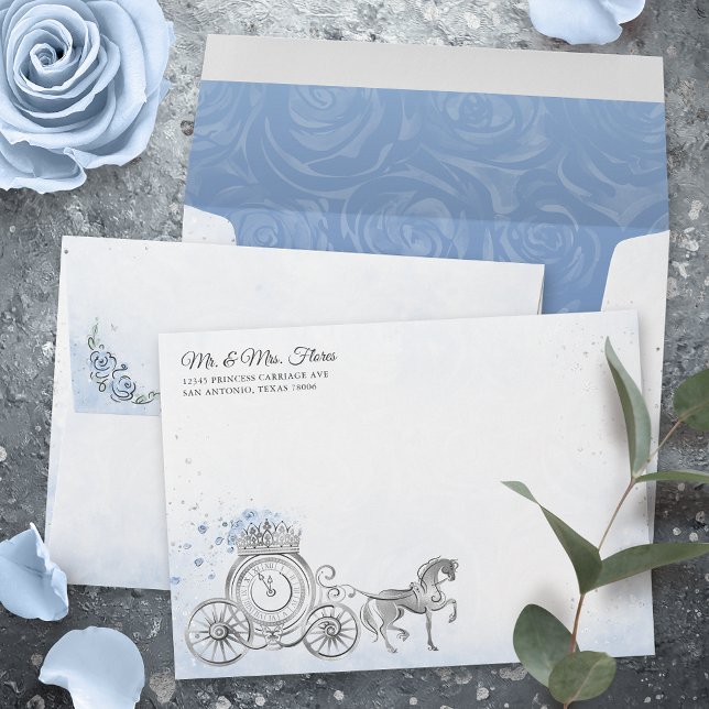 Light Blue Silver Princess Carriage Return Address Envelope (Personalize your own elegant fairytale princess light blue return address envelopes.)