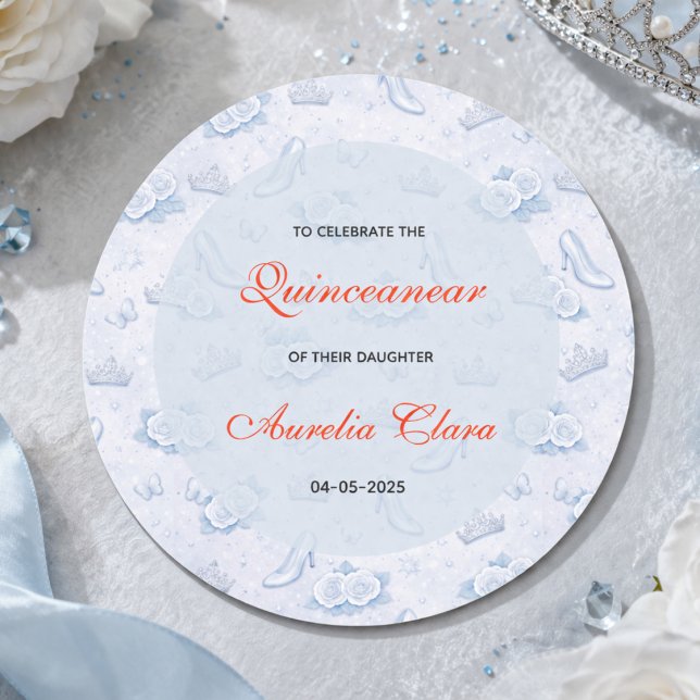 Light Blue Silver Princess Quinceanera Birthday  Classic Round Sticker (Light Blue Silver Princess Quinceanera Birthday Classic Round Sticker
)