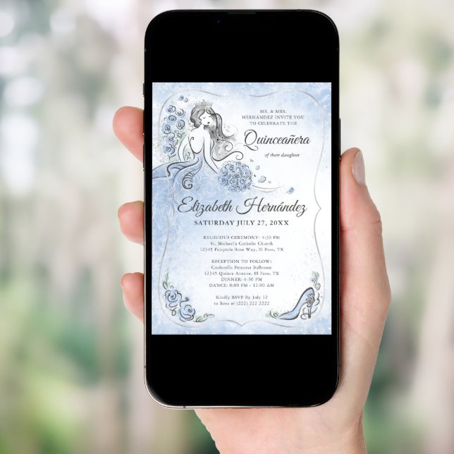 Light Blue Silver Princess Quinceanera Birthday Invitation (Front Digital)