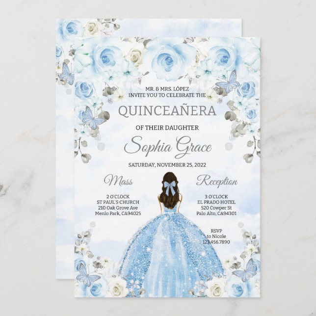 Light Blue Silver Princess Quinceanera Birthday Invitation (Front/Back)