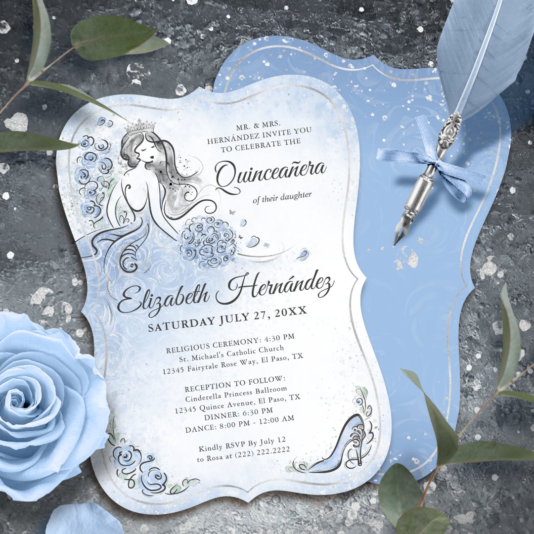 Light Blue Silver Princess Quinceanera Birthday Invitation (Unique, downloadable light blue quinceanera invitations on an editable DIY template.)