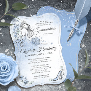 Light Blue Silver Princess Quinceanera Birthday Invitation