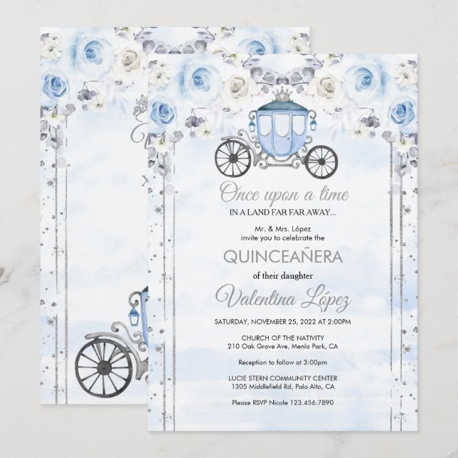 Light Blue Silver Princess Quinceanera Birthday  Invitation (Front/Back)