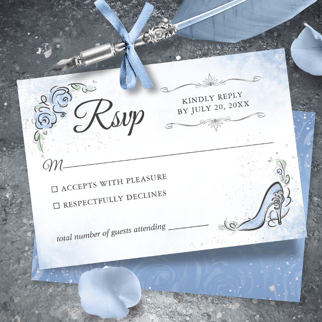Light Blue Silver Princess Shoe Elegant Wedding RSVP Card (Light blue and silver RSVP cards to give your fairy tale celebration an elegant touch.)