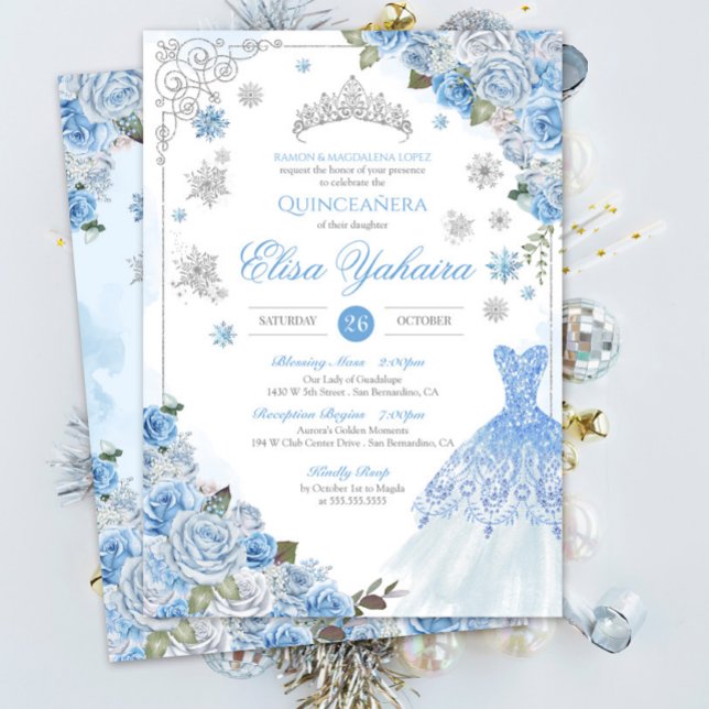 Light Blue Silver Snowflake Winter Quinceanera  Invitation (Creator Uploaded)
