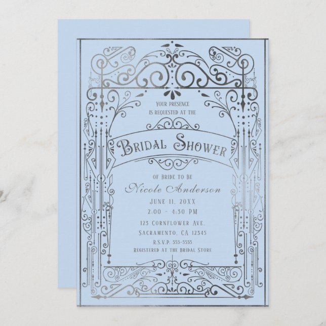 Light Blue Silver Vintage Victorian Bridal Shower Invitation (Front/Back)