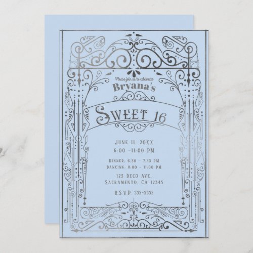 Light Blue  Silver Vintage Victorian Sweet 16 Invitation