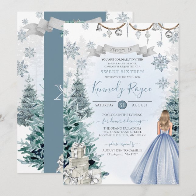 Light Blue Silver Winter Snow Sweet 16 Birthday Invitation (Front/Back)