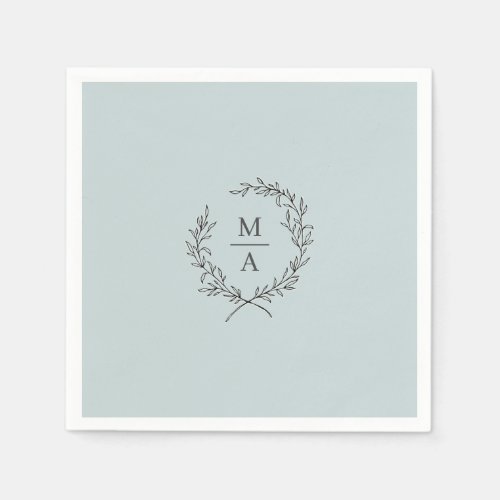 Light Blue Simple Elegant Laurel Wreath Monogram Napkins