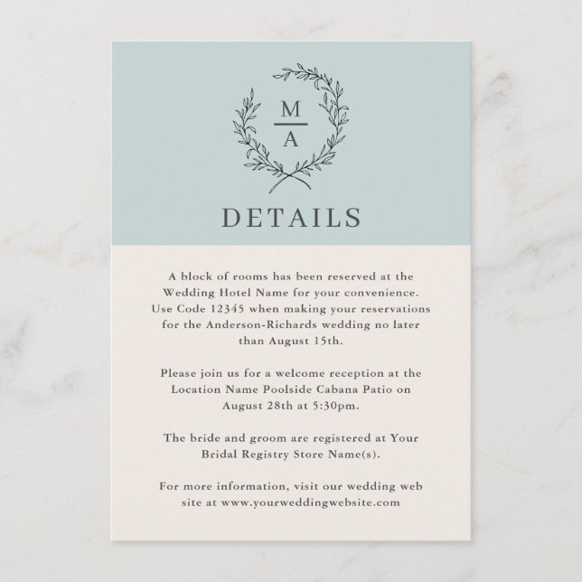 Light Blue Simple Elegant Monogram Details Enclosure Card (Front)