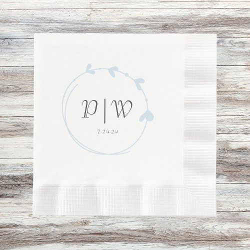 Light Blue Simple Monogram Heart Wreath Napkins