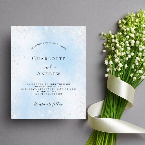 Light blue sky silver budget wedding invitation