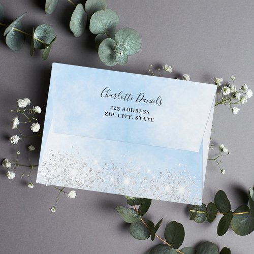 Light blue sky silver glitter return address envelope
