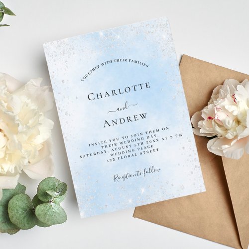 Light blue sky silver glitter wedding invitation postcard