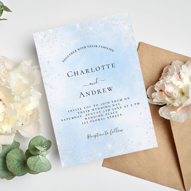 Light blue sky silver glitter wedding invitation postcard (Creator Uploaded)
